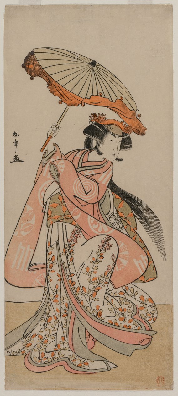 O ator Segawa Kikunojo II Dançando com um guarda-sol, final da década de 1770. de Katsukawa Shunsho