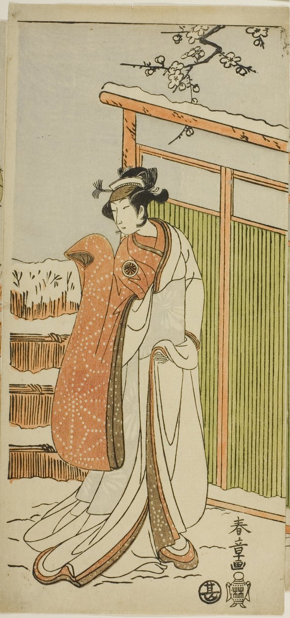O ator Segawa Kikunojo II como Yuki Onna (a Mulher da Neve) num interlúdio de dança na cena dois do Joruri "Rouge de Cortesã num Rosto Branco de Neve (Oyama Beni Yuki no Sugao)" da peça "Algodão de Izu Protegendo os Crisântemos Matrimoniais (M de Katsukawa Shunsho