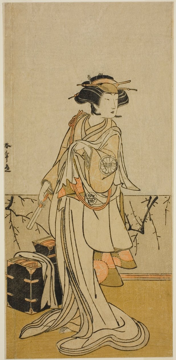 O ator Segawa Yujiro I como Osai, uma cabeleireira, na peça Kamuri Kotoba Soga no Yukari, apresentada no Teatro Ichimura no primeiro mês, 1776 de Katsukawa Shunsho