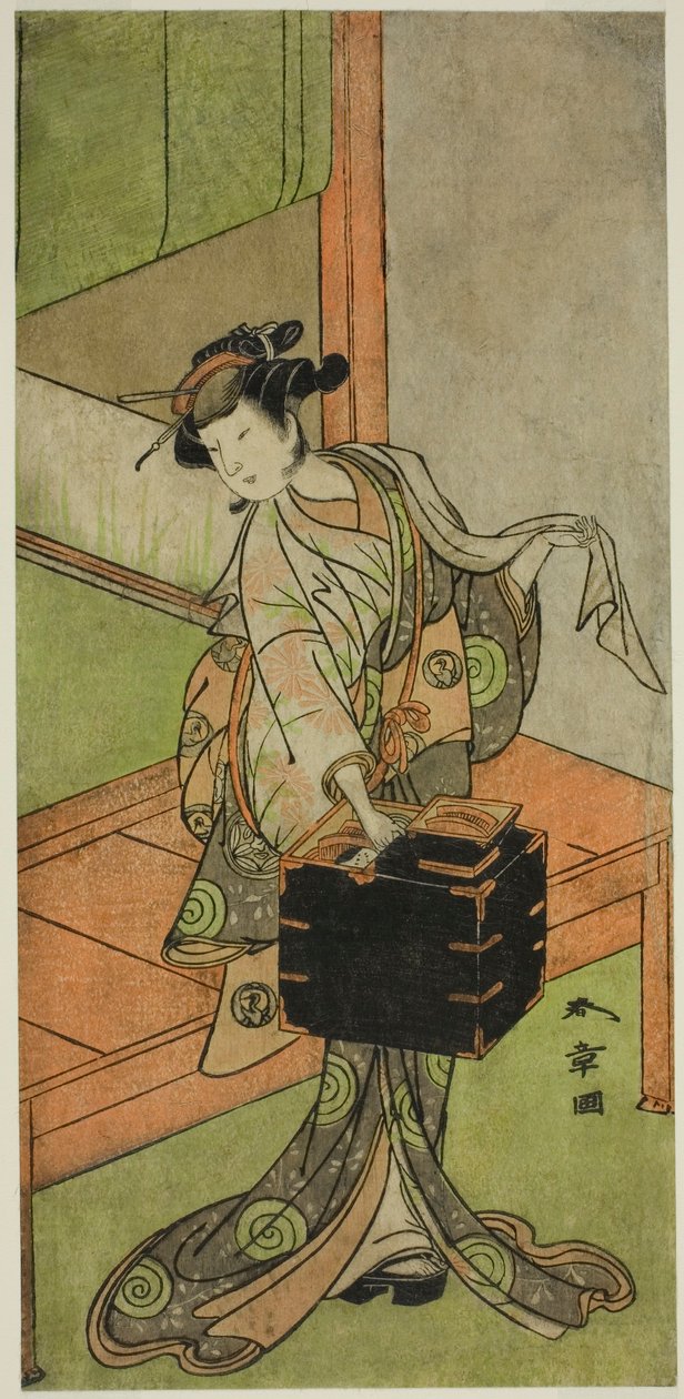 O Ator Yamashita Kinsaku II como Miyagino Disfarçado de Cabeleireiro na Peça Kosode-gura no Tekubari, Apresentada no Teatro Morita no Segundo Mês, 1772 (?) de Katsukawa Shunsho