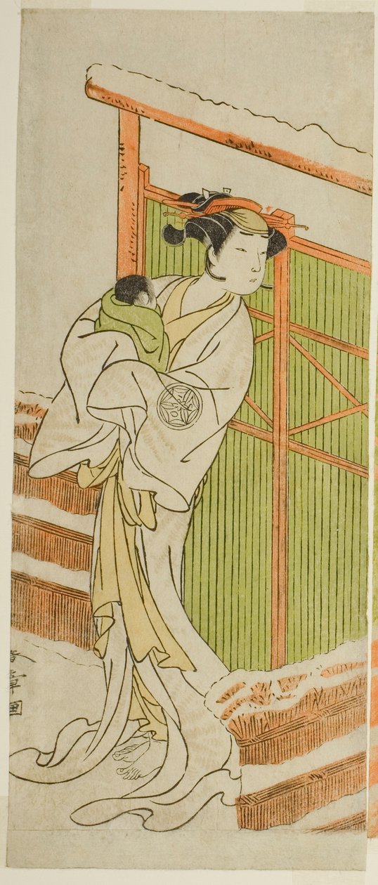 O ator Yamashita Kinsaku II como Moshio na peça Izu-goyomi Shibai no Ganjitsu, apresentada no Teatro Morita no décimo primeiro mês, 1772 de Katsukawa Shunsho