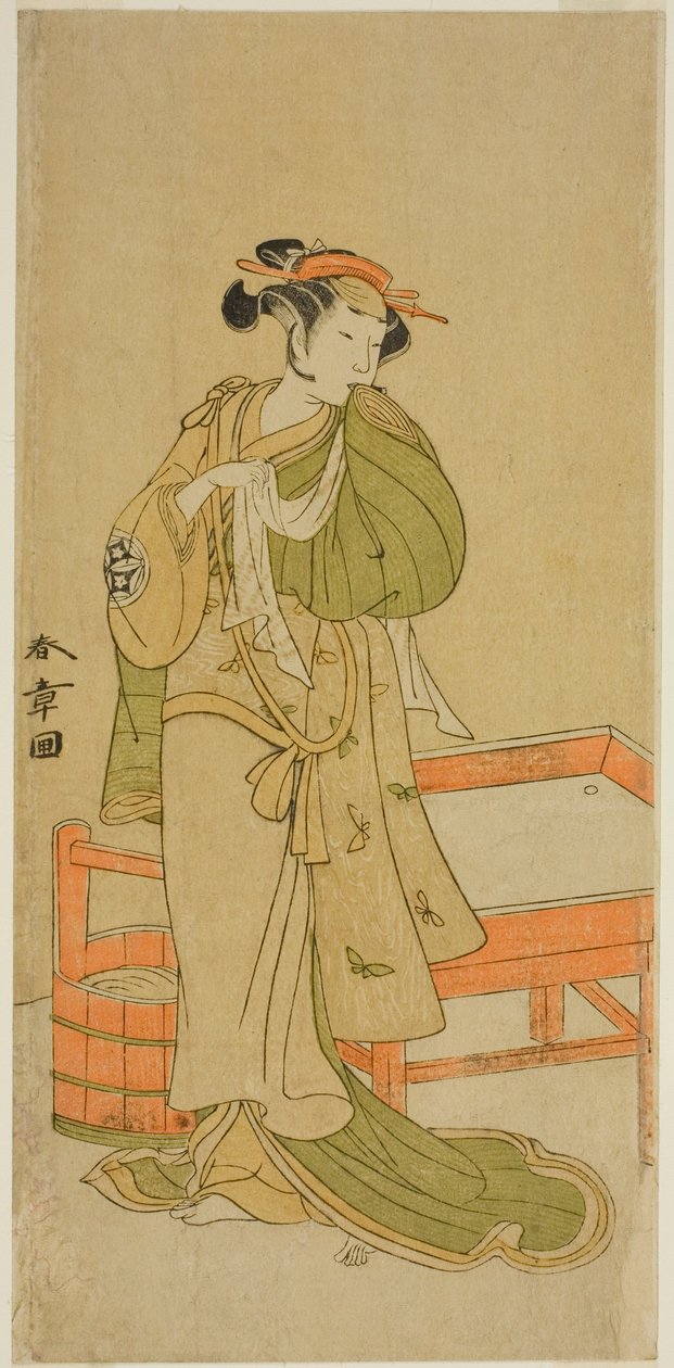 O ator Yamashita Kinsaku II como Moshio na peça Izu-goyomi Shibai no Ganjitsu, apresentada no Teatro Morita no décimo primeiro mês, 1772 de Katsukawa Shunsho