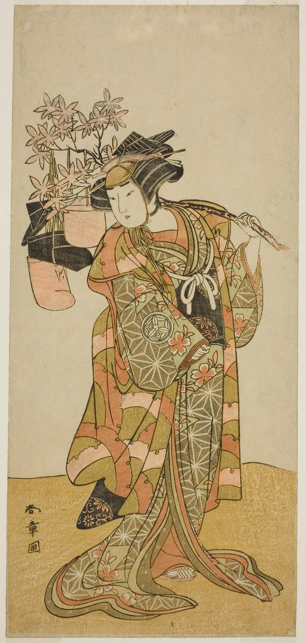 O ator Yamashita Kinsaku II como Odai, um vendedor de Eboshi (chapéu), na peça Hana-zumo Genji Hiiki, apresentada no Teatro Nakamura no décimo primeiro mês, 1775 de Katsukawa Shunsho