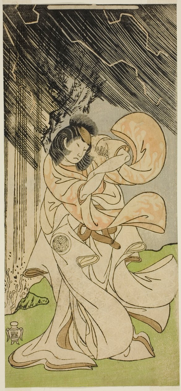 O ator Yamashita Kinsaku II como uma deusa do trovão na peça Onna Narukami, apresentada no Teatro Morita no primeiro mês, 1770 de Katsukawa Shunsho