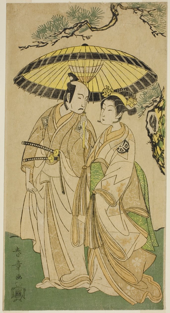 Os atores Arashi Hinaji I (direita) e Ichikawa Komazo II (esquerda), como Princesa Sakura (Sakura Hime) (?) Teatro (?) no terceiro mês, 1769 (?) de Katsukawa Shunsho