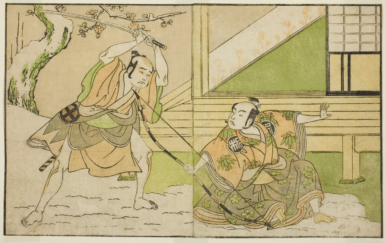 Os atores Arashi Sangoro II como Hojo Tokiyori (direita), e Otani Hiroji III como Koga Saburo (esquerda), na peça Kono Hana Yotsugi no Hachi no Ki, apresentada no Teatro Ichimura no décimo primeiro mês, 1771 de Katsukawa Shunsho