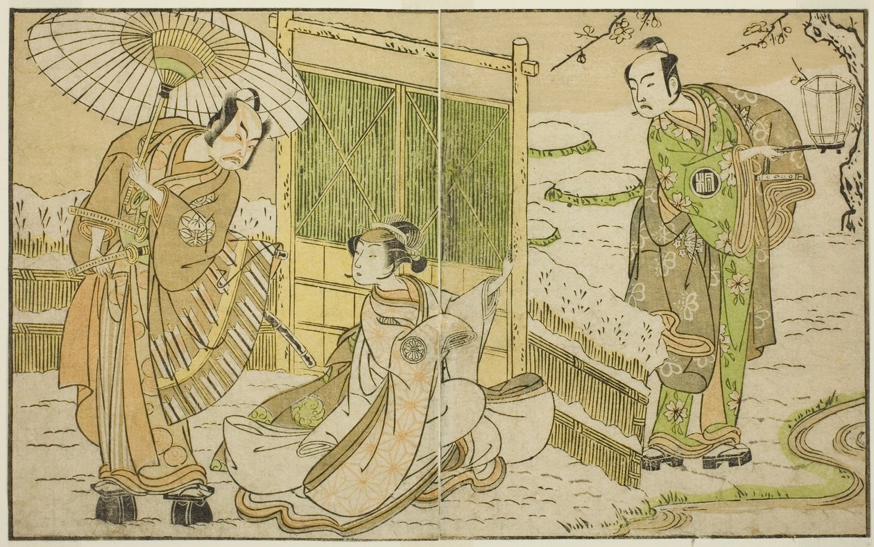 Os atores Arashi Sangoro II como Minamoto no Yoritomo (direita), Segawa Kikunojo II como Yuki Onna (centro), e Ichimura Uzaemon IX como Kajiwara Genta no Kagetoki, na peça Myoto-giku Izu no Kisewata, apresentada no Teatro Ichimura no Décimo primeiro mês, de Katsukawa Shunsho