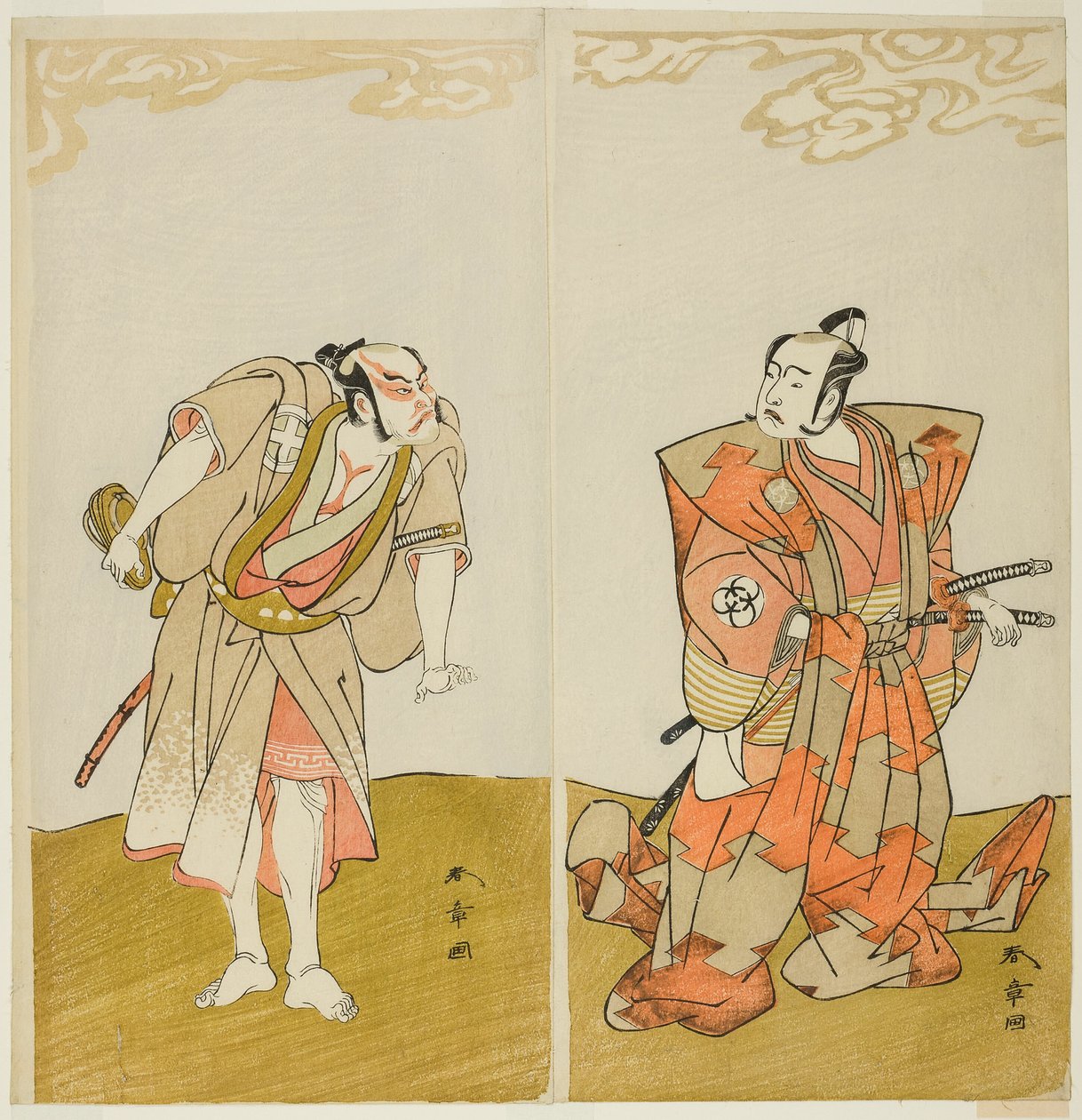 Os atores Bando Mitsugoro I como Hata no Kawakatsu (à direita), e Otani Hiroemon III como o Manservant (Yakko) Gansuke (à esquerda), na peça Miya-bashira Iwao no Butai (Shrine Pillars on a Stone Base), apresentada no Morita Teatro do décimo quinto dia de t de Katsukawa Shunsho