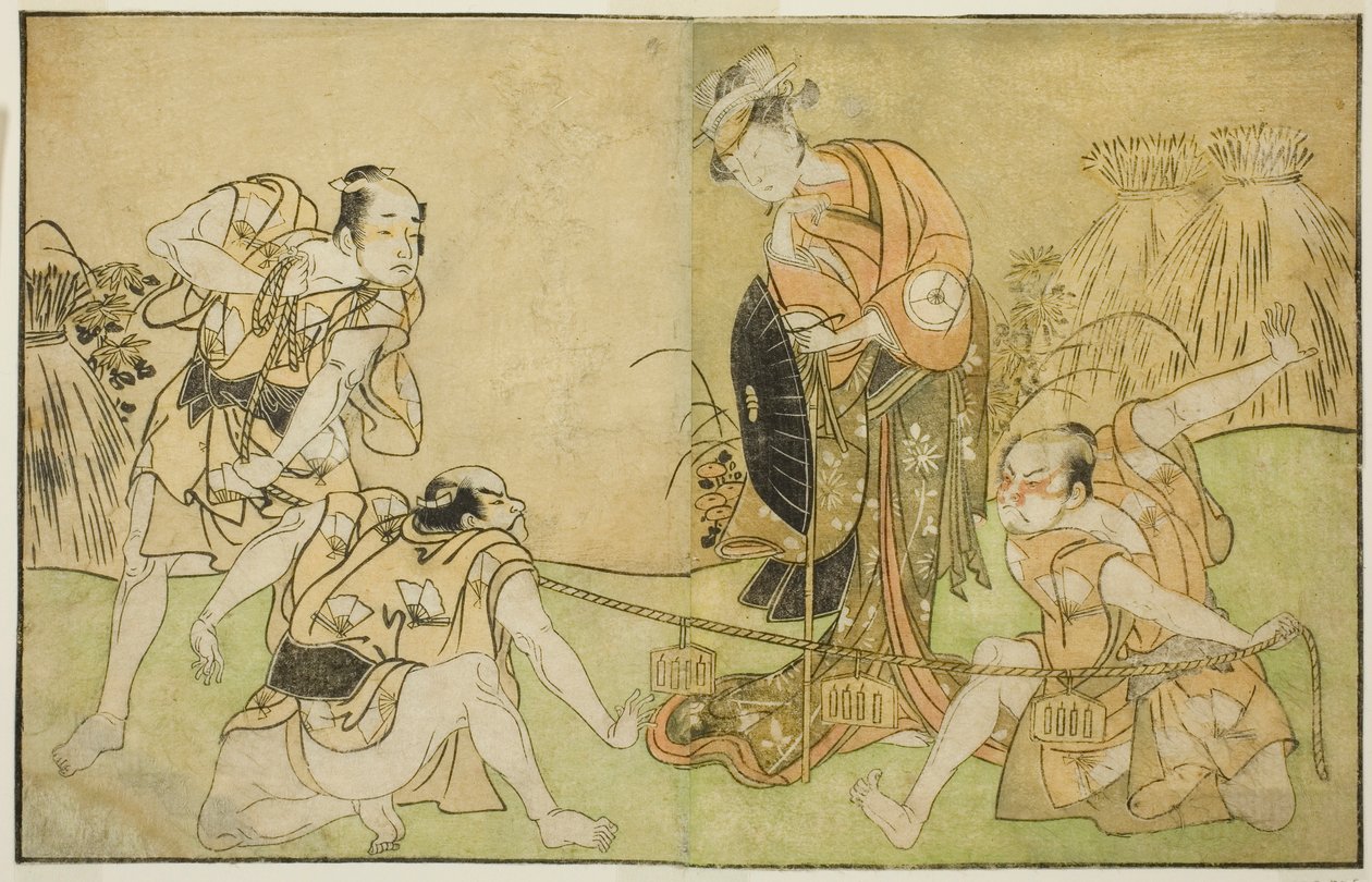 Os Atores Bando Zenji I como Nagahashi Saburo, Iwai Hanshiro IV como Otatsu-gitsune, Nakamura Konozo como Hagai Ujitsune e um Ator Não Identificado (da direita para a esquerda), na Peça Nue no Mori Ichiyo no Mato, apresentada no Teatro Nakamura no Décimo p de Katsukawa Shunsho