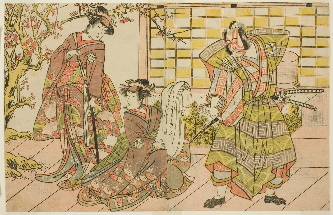 Os atores Ichikawa Danjuro V como Miura Kunitae (direita), Segawa Kikunojo III como Yasukata (centro), e Iwai Hanshiro IV como Utou (esquerda), na peça Godai Genji Mitsugi no Furisode, apresentada no Teatro Nakamura no décimo primeiro mês, 1782 de Katsukawa Shunsho
