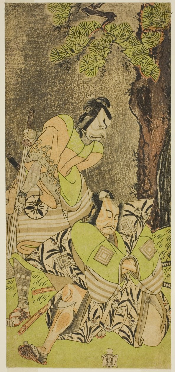 Os atores Ichikawa Danzo III como I no Hayata Tadazumi (à direita), e Matsumoto Koshiro II como Osada no Taro Kagemune (à esquerda), na peça Nue no Mori Ichiyo no Mato, apresentada no Teatro Nakamura no décimo primeiro mês, 1770 de Katsukawa Shunsho