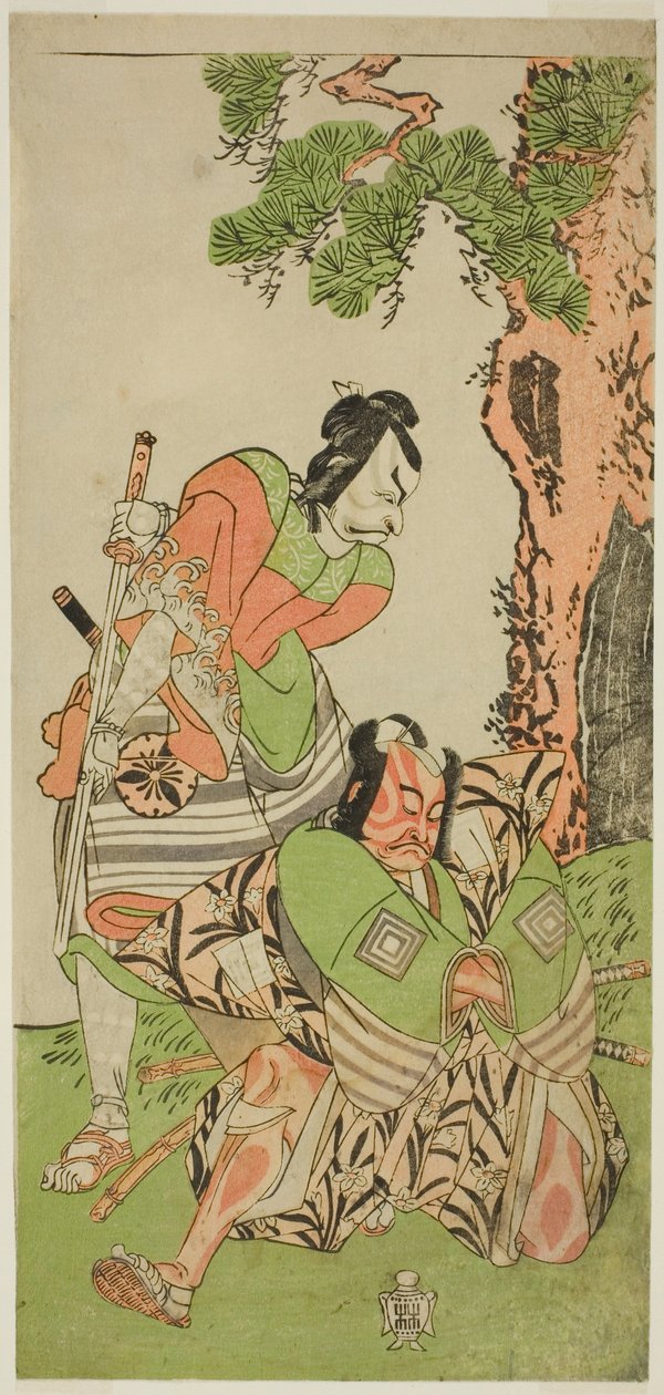 Os Atores Ichikawa Danzo III como I no Hayata Tadazumi (à direita), e Matsumoto Koshiro II como Osada no Taro Kagemune Disfarçado de Yatsurugi Zaemon (à esquerda), na peça Nue no Mori Ichiyo no Mato, apresentada no Teatro Nakamura no décimo primeiro mês ,  de Katsukawa Shunsho