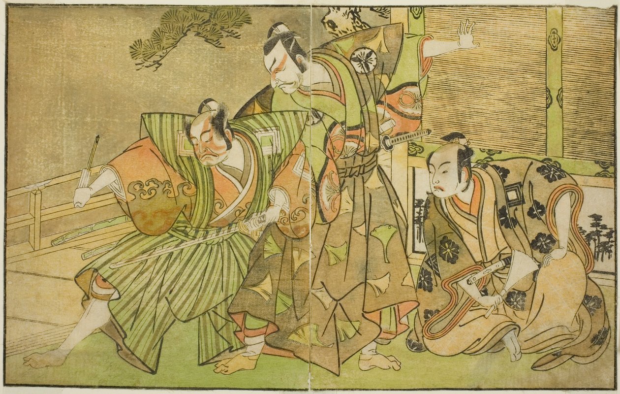 Os atores Ichikawa Komazo II como Minamoto no Yorimasa (à direita), Matsumoto Koshiro II como Osada no Taro Kagemune Disfarçado como Yatsurugi Zaemon (centro) e Ichikawa Danzo III como I no Hayata Tadazumi (à esquerda), In the Play Nue no Mori Ichiyo no Ma de Katsukawa Shunsho