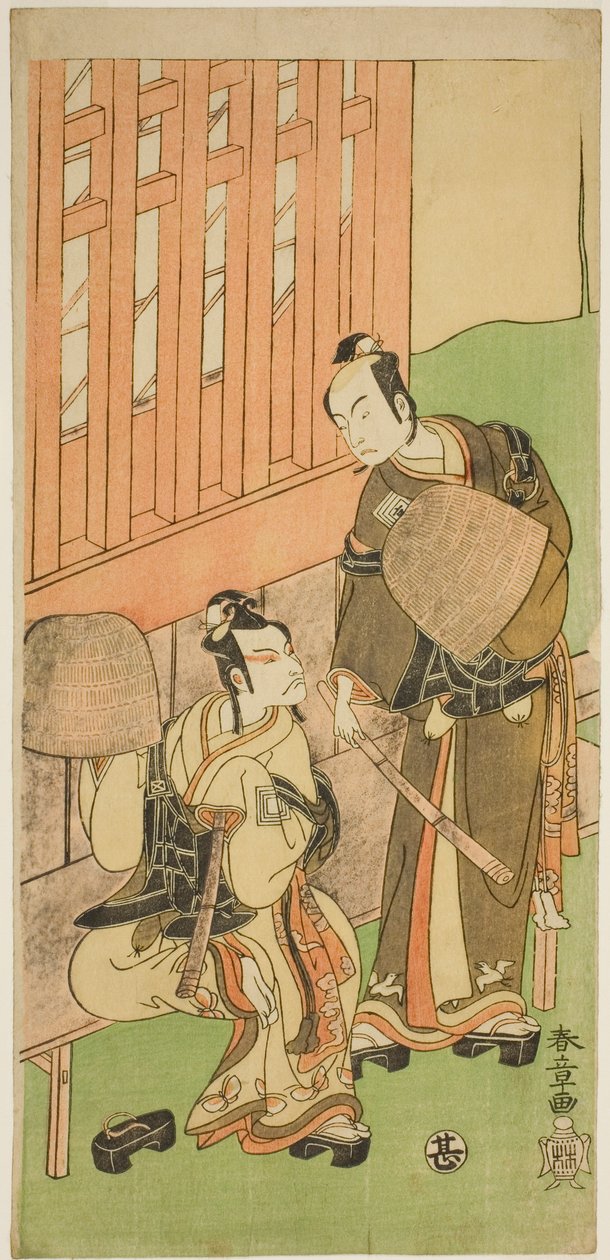 Os atores Ichikawa Komazo II como Soga no Juro Sukenari (à direita), e Ichikawa Danjuro V como Soga no Goro Tokimune (à esquerda), em Komuso Attires, na peça Sakaicho Soga Nendaiki, apresentada no Teatro Nakamura no primeiro mês, 1771 de Katsukawa Shunsho