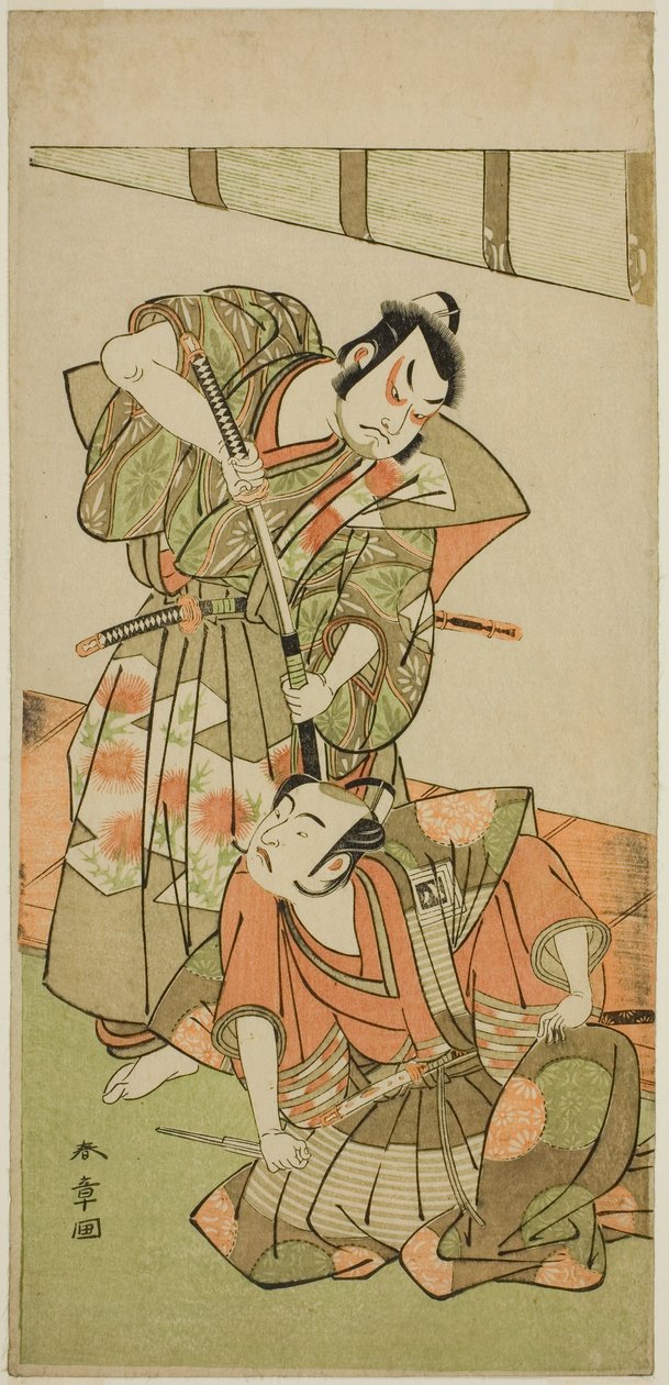 Os Atores Ichikawa Yaozo II como Konoshita Hyokichi (?) (à direita), e Sakata Hangoro II como Matsunaga Daizen Hisahide (?) (à esquerda), na peça Gion Sairei Shinko Ki (?), realizada no Teatro Ichimura (?) em o quinto mês, 1775 (?) de Katsukawa Shunsho