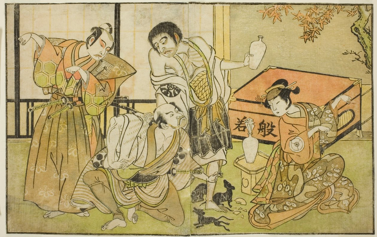 Os atores Iwai Hanshiro IV como Otatsu-gitsune, Nakamura Nakazo I como Raigo Ajari, Sakata Tojuro III como Kamada Gon-no-kami Masayori e Ichikawa Yaozo II como Sakon-gitsune (da direita para a esquerda), na peça "Nue no Mori Ichiyo no Mato", apresentada no de Katsukawa Shunsho