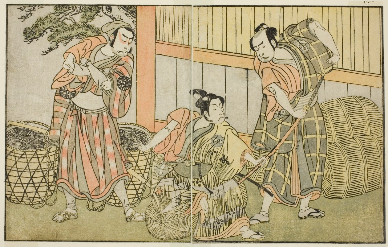 Os atores Kasaya Matakuro II como Hagun Taro (à direita), Ichikawa Monnosuke II como Izutsu no Suke Narihira (centro), e Nakamura Nakazo I como Kose no Kanaoka Disfarçado como Sogoro the Charcoal Maker, na peça Kuni no Hana Ono no Itsumoji, interpretada no de Katsukawa Shunsho