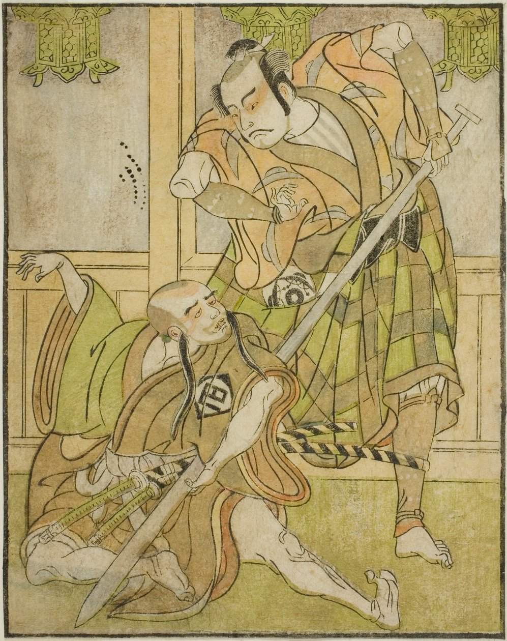 Kasaya Matakuro II como Nobuyori Disfarçado como o Yakko Gunnai (à direita), e Miyazaki Hachizo como o monge leigo Hambyo Nyudo (à esquerda), na peça Nue no Mori Ichiyo no Mato, apresentada no Teatro Nakamura no décimo primeiro mês, de Katsukawa Shunsho