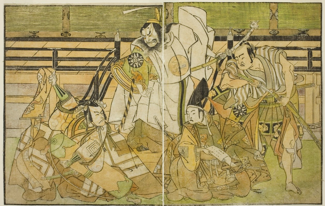 Os atores Nakamura Denkuro II como Seno-o Taro, Ichikawa Komazo II como Yorimasa, Nakamura Nakazo I como Taira no Kiyomori e Ichikawa Danjuro V como Kiou Takiguchi (da direita para a esquerda), na peça Nue no Mori Ichiyo no Mato, realizada no o Teatro Naka de Katsukawa Shunsho