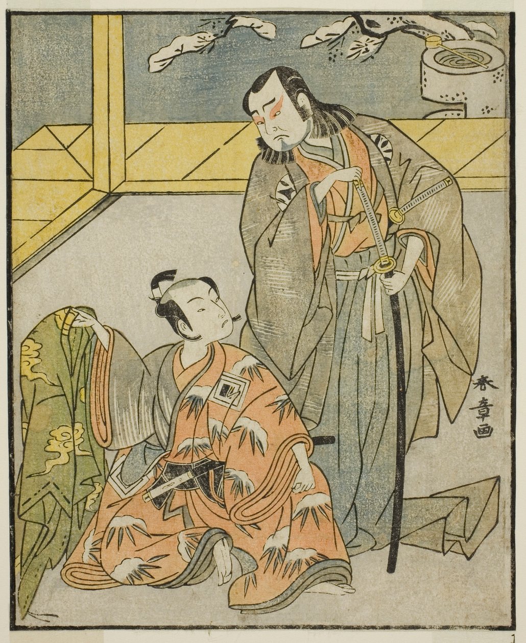 Os atores Nakamura Denkuro II como Suma no Dairyo (direita), e Ichikawa Komazo II como Ariwara no Yukihira (esquerda), na peça Kuni no Hana Ono no Itsumoji, apresentada no Teatro Nakamura no décimo primeiro mês, 1771 de Katsukawa Shunsho