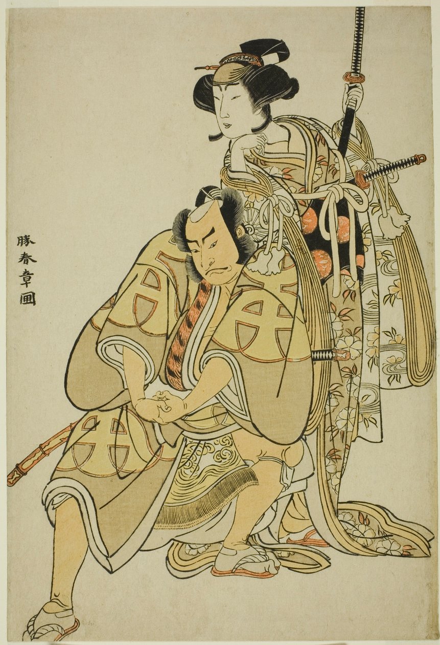 Os actores Nakamura Nakazo I como Hata Rokurozaemon disfarçado de criado do samurai (Yakko) Igaguri Hanehei (à esquerda), e Nakamura Noshio I como a dama de companhia Koto no Naishi (à direita), na sequência de dança "Sodegasa Momiji no Tekuda" (mangas de  de Katsukawa Shunsho