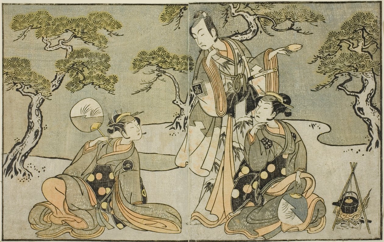 Os atores Nakamura Nakazo I como Matsukaze (direita), Ichikawa Komazo II como Ariwara no Yukihira (centro), e Iwai Hanshiro IV como Murasame (esquerda), na peça Kuni no Hana Ono no Itsumoji, apresentada no Teatro Nakamura na Décima Primeira Mês, 1771 de Katsukawa Shunsho