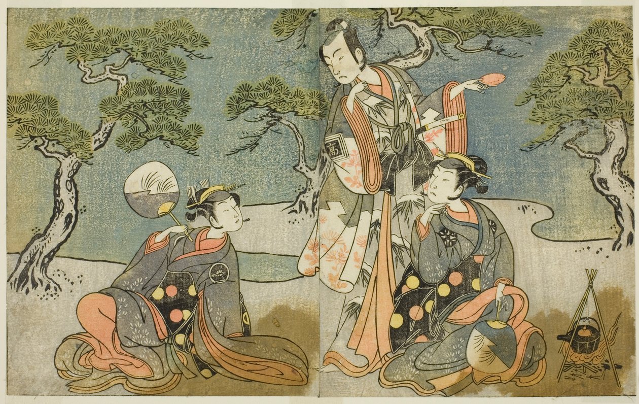 Os atores Nakamura Nakazo I como Matsukaze (direita), Ichikawa Komazo II como Ariwara no Yukihira (centro), e Iwai Hanshiro IV como Murasame (esquerda), na peça Kuni no Hana Ono no Itsumoji, apresentada no Teatro Nakamura na Décima Primeira Mês, 1771 de Katsukawa Shunsho