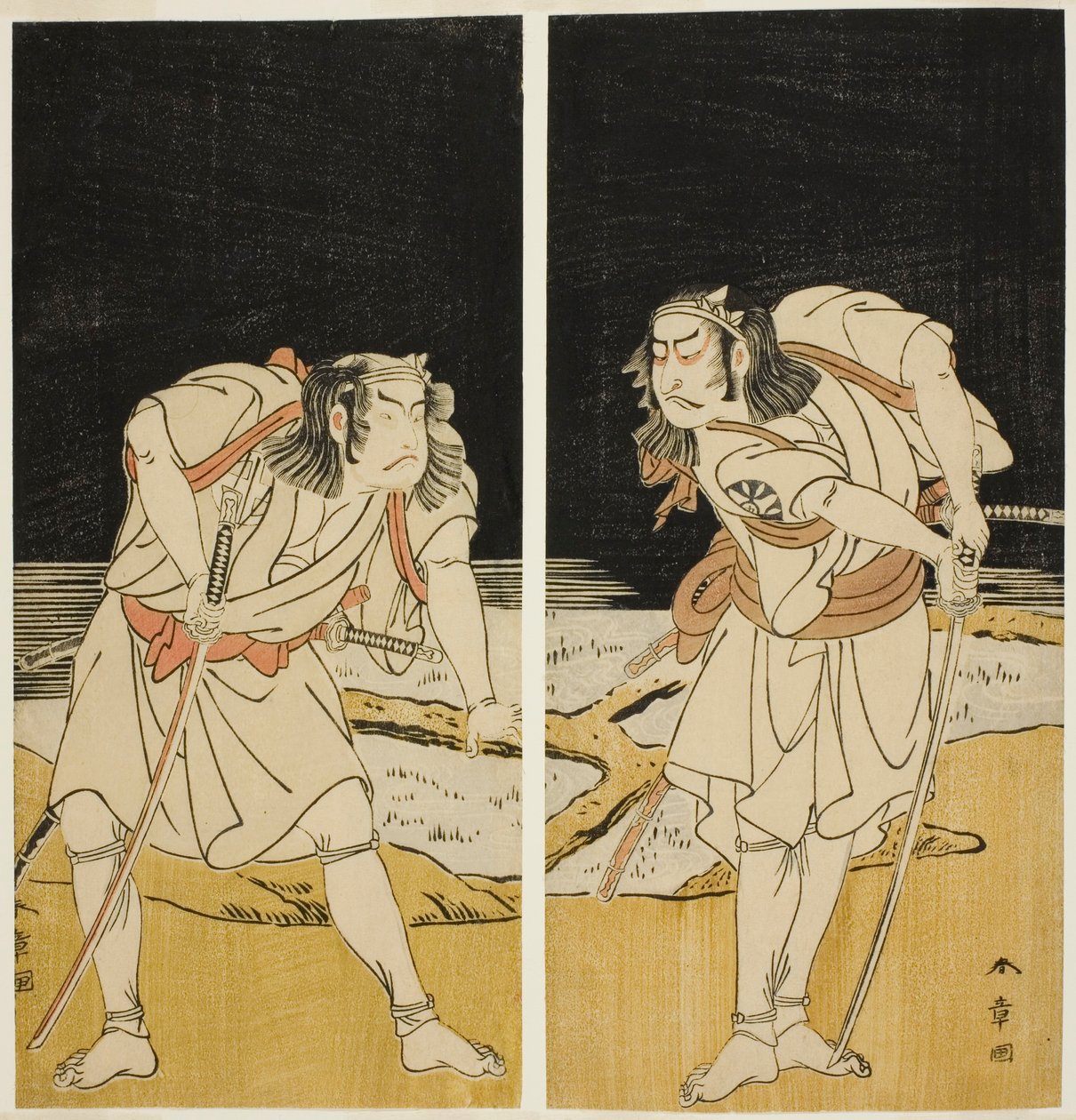 Os atores Nakamura Nakazo I como Omi no Kotoda (direita), e Otani Hiroji III como Bamba no Chuda (esquerda), no Joruri "Sono Chidori Yowa no Kamisuki" (The Plovers: Combing Hair at Midnight), da Parte Dois do Jogue O-atsurae-zome Soga no Hinagata (A Soga P de Katsukawa Shunsho