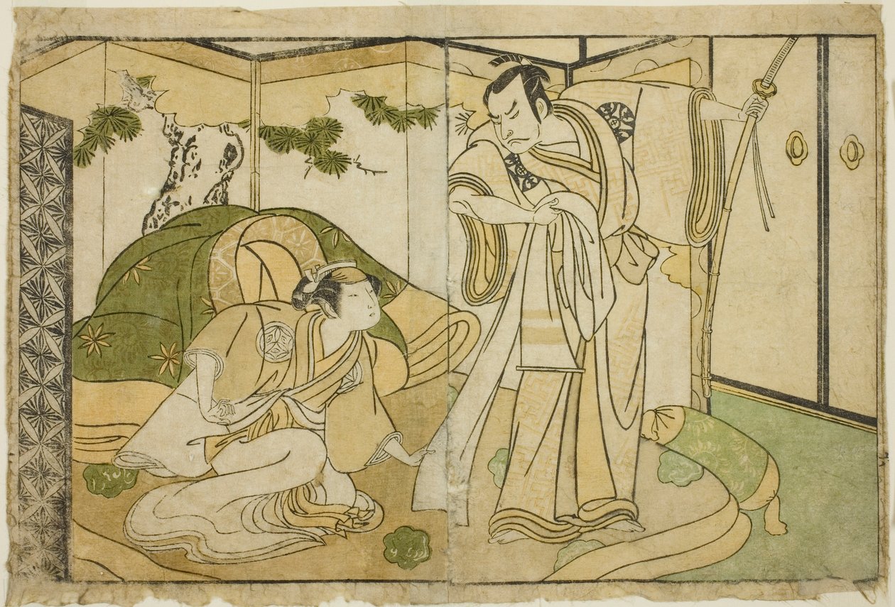 Os atores Nakamura Nakazo I como Taira no Kiyomori (direita), e Yamashita Kinsaku II como Tokiwa Gozen (esquerda), na peça Nue no Mori Ichiyo no Mato, apresentada no Teatro Nakamura no décimo primeiro mês, 1770 de Katsukawa Shunsho