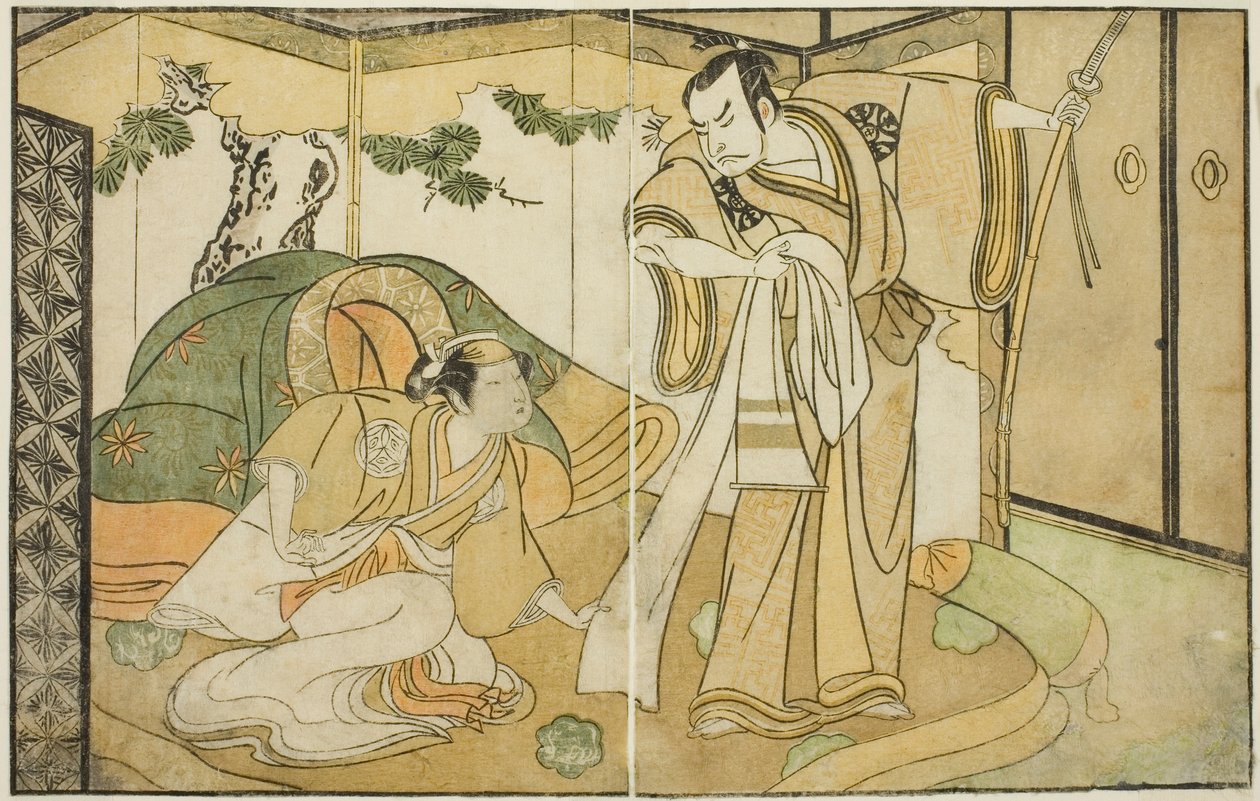 Os atores Nakamura Nakazo I como Taira no Kiyomori (direita), e Yamashita Kinsaku II como Tokiwa Gozen (esquerda), na peça Nue no Mori Ichiyo no Mato, apresentada no Teatro Nakamura no décimo primeiro mês, 1770 de Katsukawa Shunsho