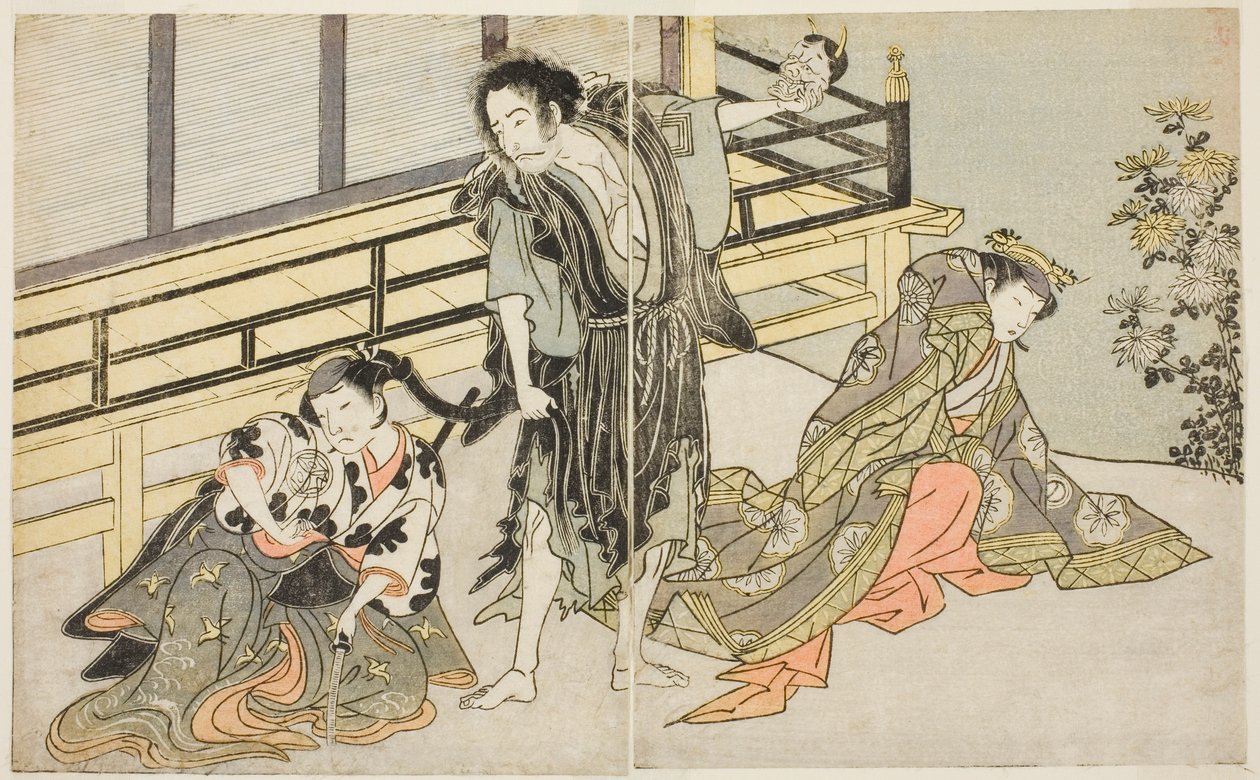 Os atores Nakamura Noshio I como Nyosan no Miya (à direita), Ichikawa Danjuro V como o Renegade Monk Yochin (centro), e Yamashita Kinsaku II como a Maid Mutsuhana (à esquerda), na peça Fuki Kaete Tsukimo Yoshiwara, apresentada no Teatro Morita no onze de Katsukawa Shunsho