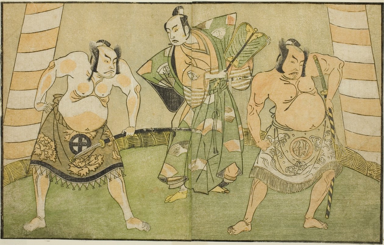 Os atores Nakamura Sukegoro II como Matano no Goro (direita), Onoe Kikugoro I como Soga no Taro (centro), e Otani Hiroji III como Kawazu no Saburo (esquerda), na peça Myoto-giku Izu no Kisewata, realizada no Ichimura Teatro no décimo primeiro mês, 1770 de Katsukawa Shunsho