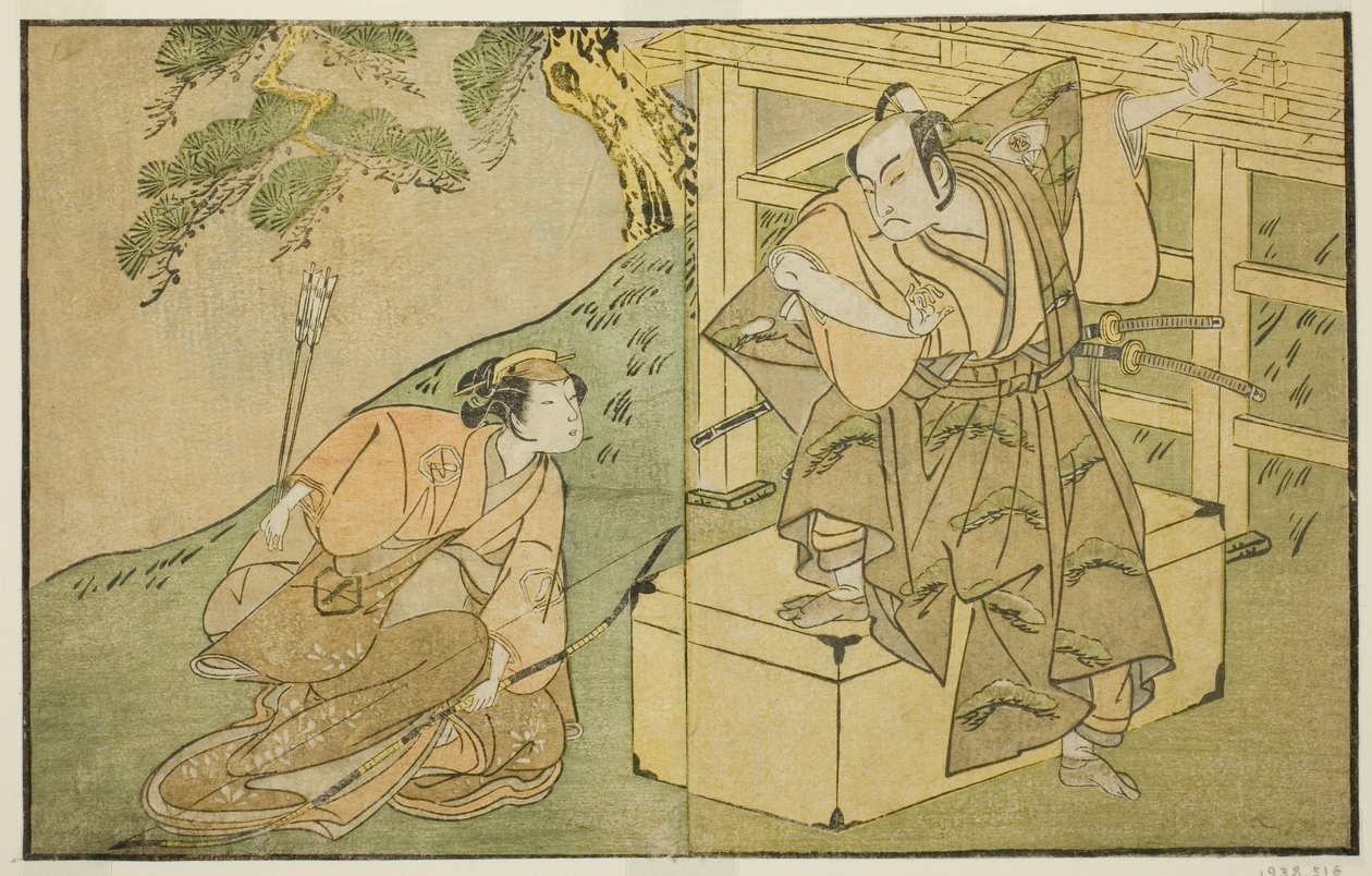 Os atores Onoe Matsusuke I como Akaboshi Taro (direita), e Azuma Tozo II como Shirotae (esquerda), na peça Kono Hana Yotsugi no Hachi no Ki, apresentada no Teatro Ichimura no décimo primeiro mês, 1771 de Katsukawa Shunsho