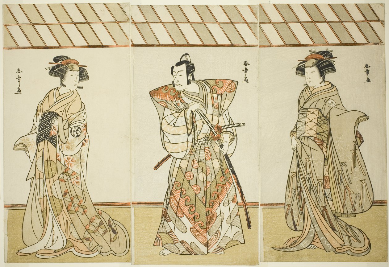 Os atores Onoe Tamizo I como Nishikigi (?) ou Otae (?) (direita), Ichikawa Danjuro V como Miura Heidayu Kunitae (?) (centro) e Osagawa Tsuneyo II como Oyuki (?) (esquerda), no Play Date Nishiki Tsui no Yumitori (?), Apresentado no Teatro Morita (?) no E de Katsukawa Shunsho