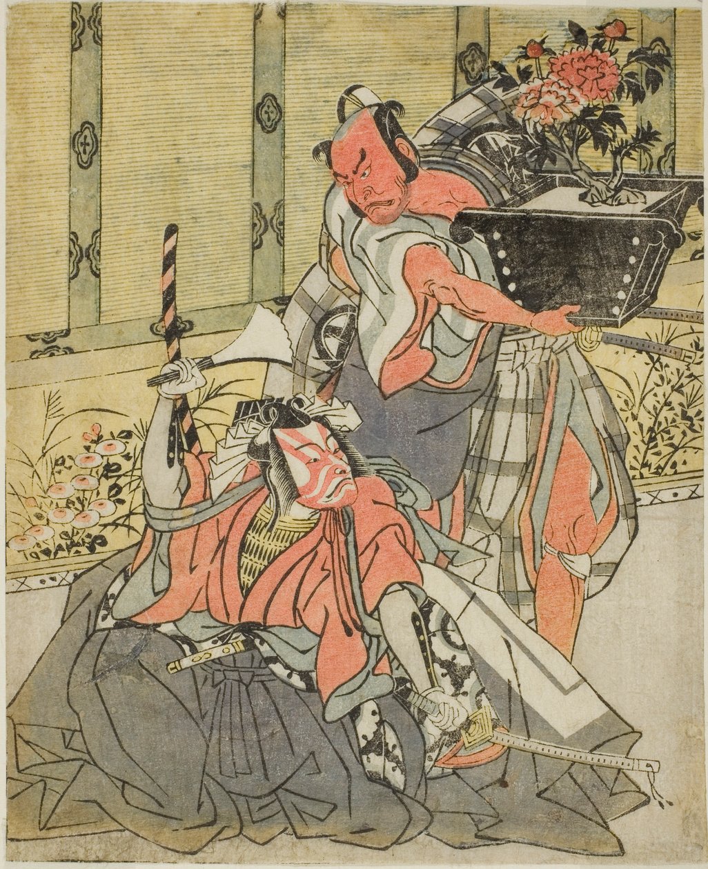 Os atores Otani Hiroemon III como Shinagawa Okaminosuke (direita), e Ichikawa Danjuro V como Arashishi Otokonosuke (esquerda), na peça Fuki Kaete Tsuki mo Yoshiwara (Rethatched Roof: The Moon also Shines Over the Yoshiwara Pleasure District), realizada no de Katsukawa Shunsho