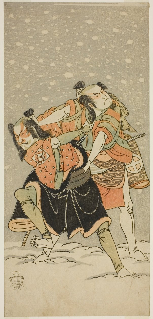 Os atores Otani Hiroji III como Kameo (direita) e Sakata Sajuro I como Ario (esquerda), na peça Hime Komatsu Ne no Hi Asobi, apresentada no Teatro Ichimura no Nono Mês, 1768 de Katsukawa Shunsho