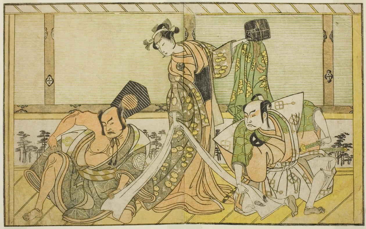 Os atores Otani Hiroji III como Kawazu no Saburo (direita), Segawa Kikunojo II como Princesa Tatsu (Tatsu Hime) (centro), e Nakamura Sukegoro II como Matano no Goro (esquerda), na peça Myoto-giku Izu no Kisewata, realizada no Teatro Ichimura no Eleven de Katsukawa Shunsho