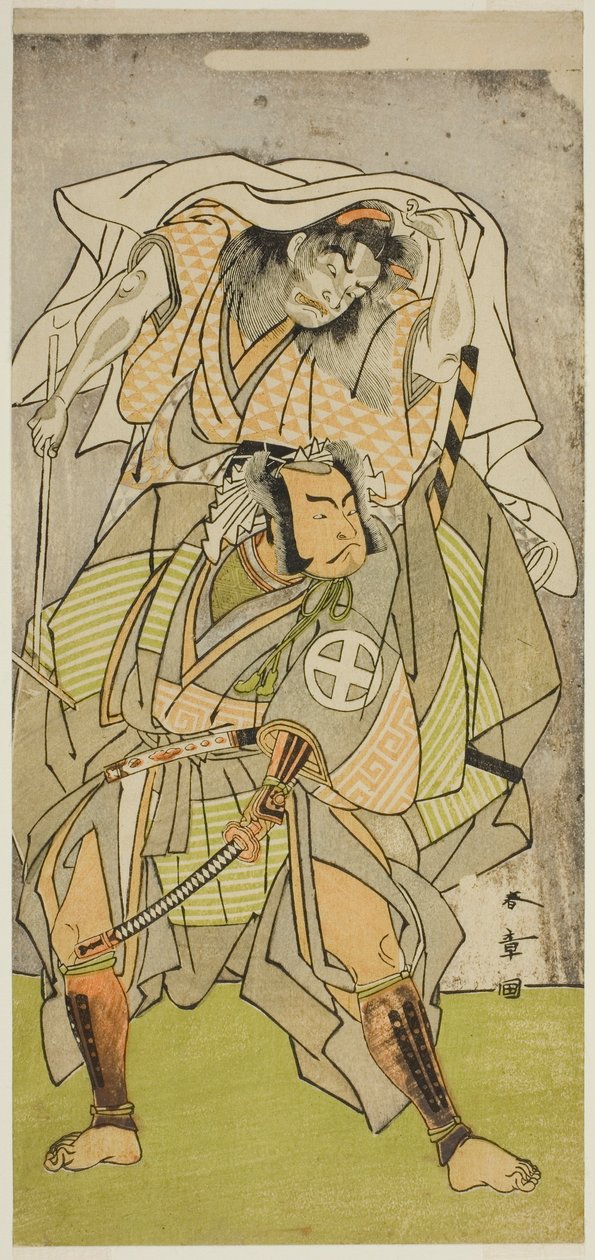 Os atores Otani Hiroji III como Koga Saburo, e Ichimura Uzaemon IX como o Diabo de Kogakeyama, o Espírito de Wakasa no Zenji Yasumura, na peça Kono Hana Yotsugi no Hachi no Ki, apresentada no Teatro Ichimura no décimo primeiro mês, 1771 de Katsukawa Shunsho