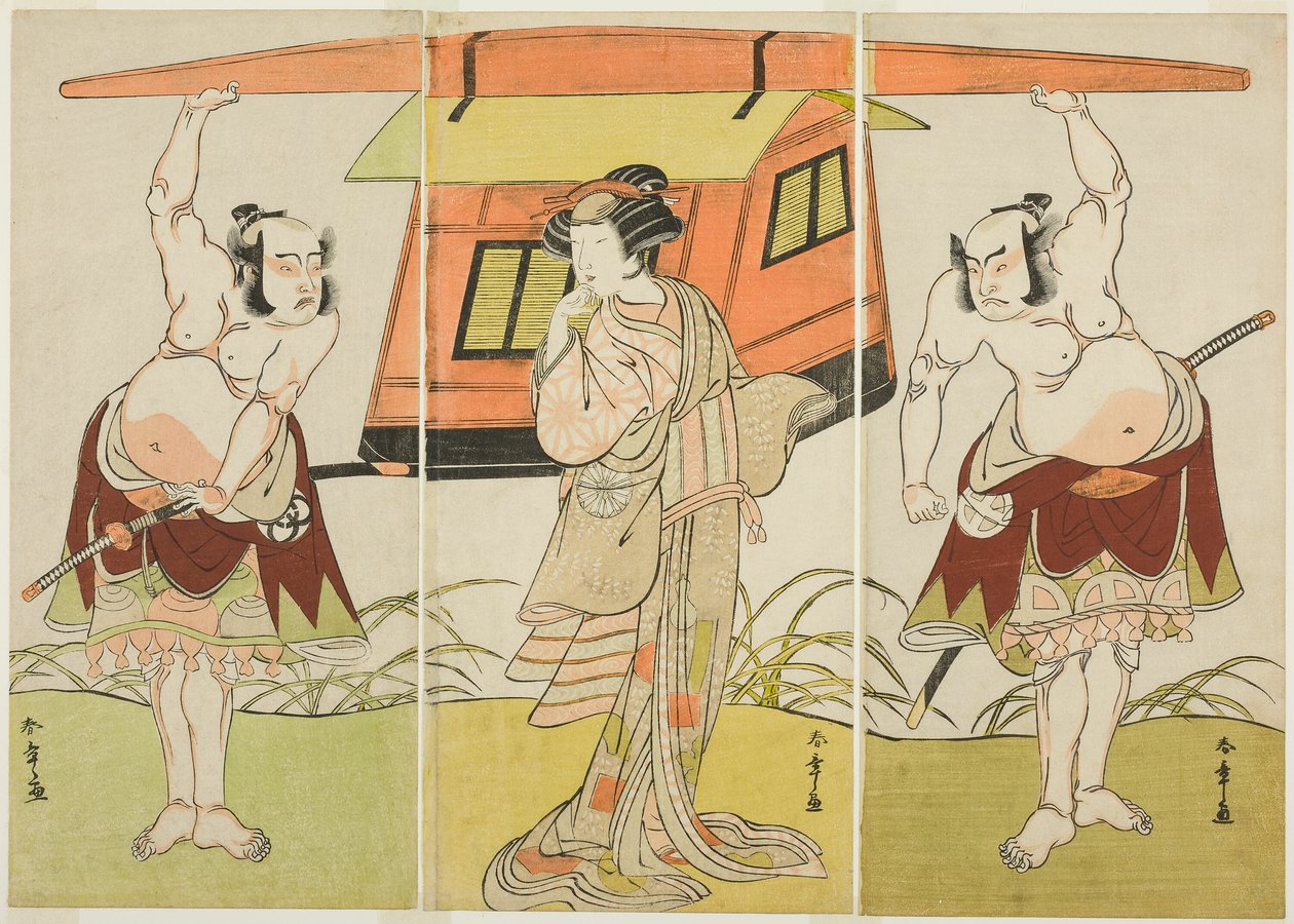 Os Atores Otani Hiroji III como Yokambei (direita), Nakamura Tomijuro I como Kuzunoha (centro) e Bando Mitsugoro I como Yakambei (esquerda), na Última Cena da Peça Shinodazuma (The Wife from Shinoda Forest), interpretada como suplemento para o Play Kikyo-z de Katsukawa Shunsho