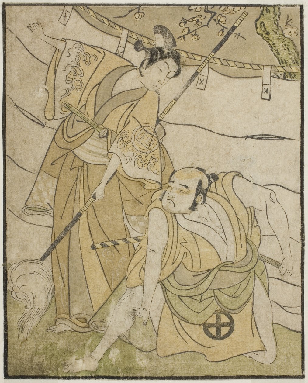 Os atores Otani Tomoemon I como Emohei (direita), e Sanogawa Ichimatsu II como Sanada Yoichi (esquerda), na peça Myoto-giku Izu no Kisewata, apresentada no Teatro Ichimura no décimo primeiro mês, 1770 de Katsukawa Shunsho