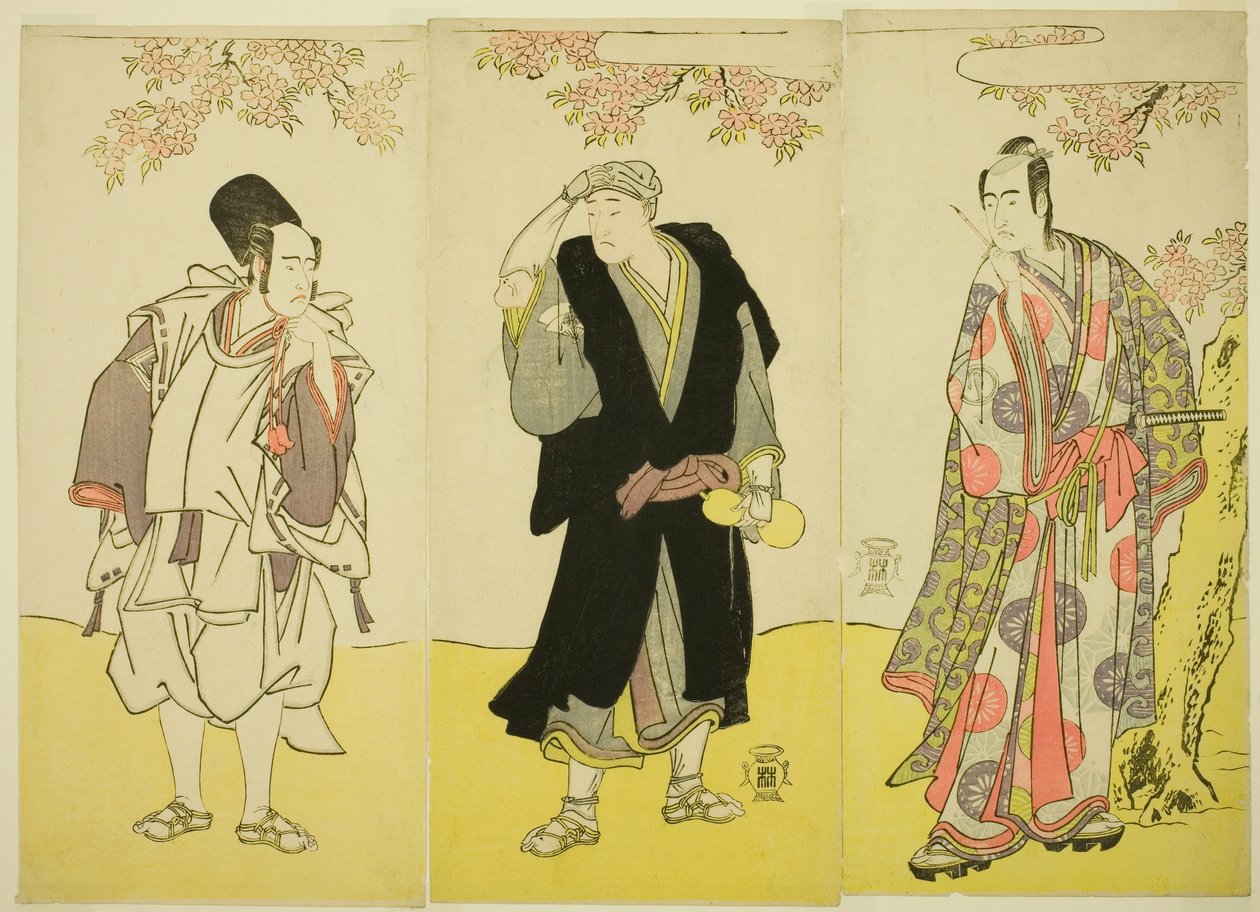 Os actores Sawamura Sojuro III como Kusunoki Tatewaki Masatsura (à direita), Onoe Matsusuke I como o monge Sahei Bozu (ao centro) e Ichikawa Yaozo III como o servo do príncipe Kusunoki Uraminosuke (à esquerda), na peça Kumoi no Hana Yoshino no Wakamusha, r de Katsukawa Shunsho