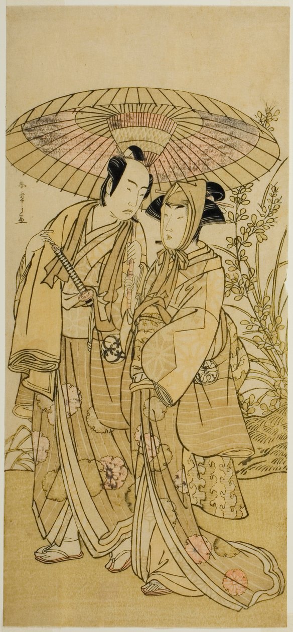 Os Atores Segawa Kikunojo III (direita) como Ochiyo, e Bando Mitsugoro I (esquerda) como o Verdureiro Hambei, na Peça Kabuki no Hana Bandai Soga, apresentada no Teatro Ichimura no Quarto Mês, 1781 de Katsukawa Shunsho