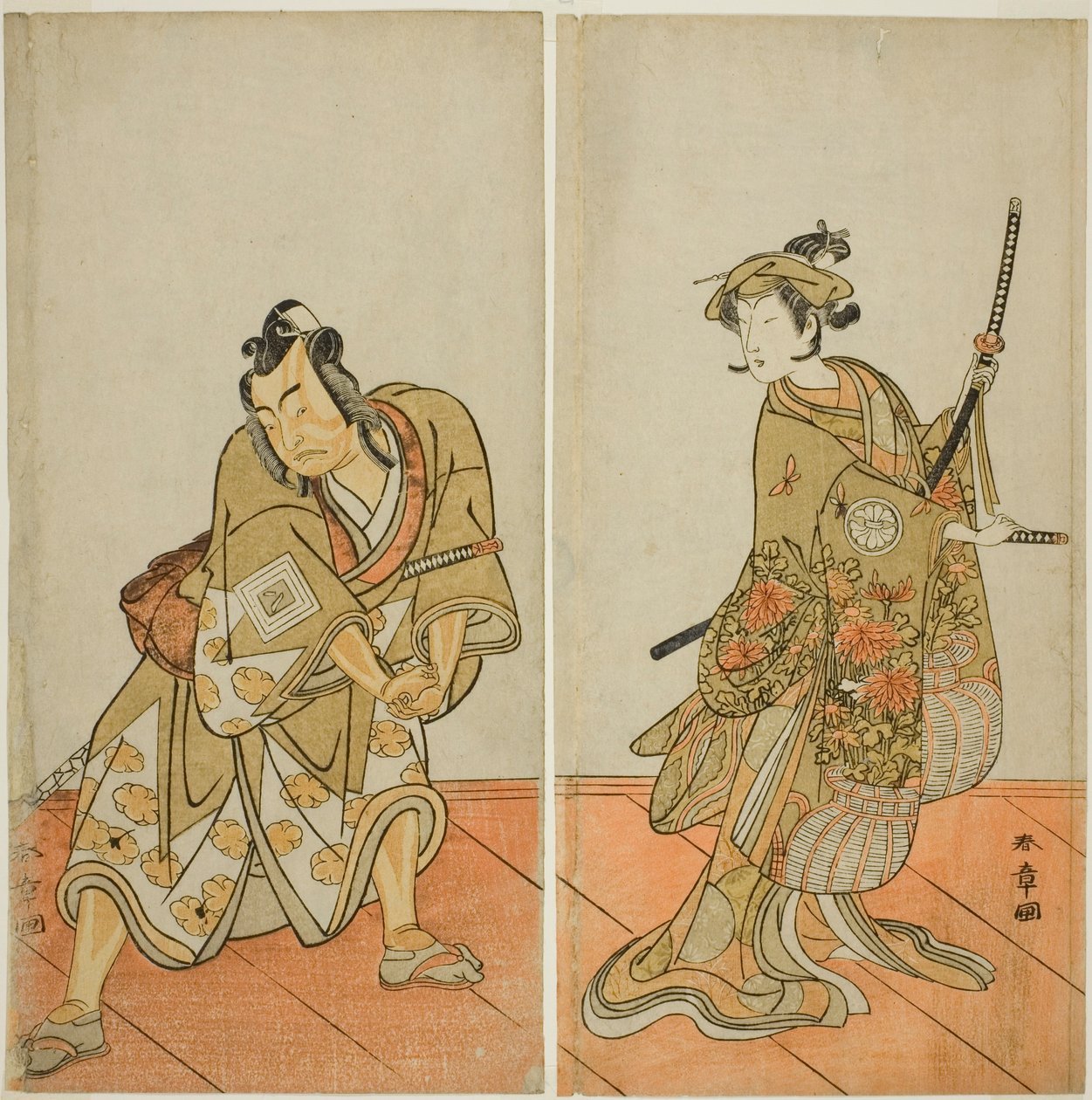 The Actors Segawa Kikunojo III as Aigo no Waka (right), and Ichikawa Yaozo II as Hachio-maru Aratora (left), in the Play Chigo Sakura Jusan Kane, Performed at the Ichimura Theater in the Eleventh Month, 1774 de Katsukawa Shunsho