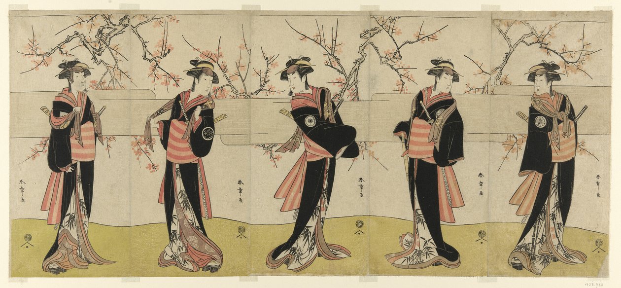 Os atores Segawa Kikunojo III como Karigane Obun, Nakayama Tomisaburo I como An no Oyasu, Iwai Kiyotaro II como Kaminari no Osha, Nakayama Tatezo I como Gokuin no Osen e Ichikawa Monnosuke II como Hotei no Oichi (da direita para a esquerda), em "Gonin Onna de Katsukawa Shunsho