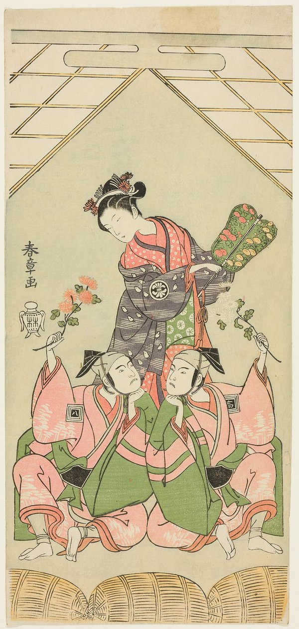 Os atores Segawa Kikunojo II como a ama de leite Reizei, Ichikawa Komazo I como Suruga no Hachiro no Disfarce do Shamisen Player Kichiroku (direita), e Ichikawa Yaozo II como Tada no Kurando no Disfarce do Portador de Palanquin Kichinai (esquerda), na cena de Katsukawa Shunsho