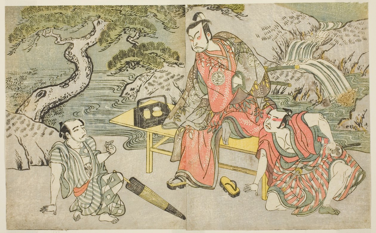 Os atores Tomizawa Hanzaburo II como Nagoya Sanzaemon (muitas vezes chamado de Sanza) (à direita), Nakamura Juzo II como Fuwa Banzaemon (centro) e um ator não identificado como o carteirista Matsumoto Daishichi (à esquerda), na peça Fuki Kaete Tsukimo Yosh de Katsukawa Shunsho