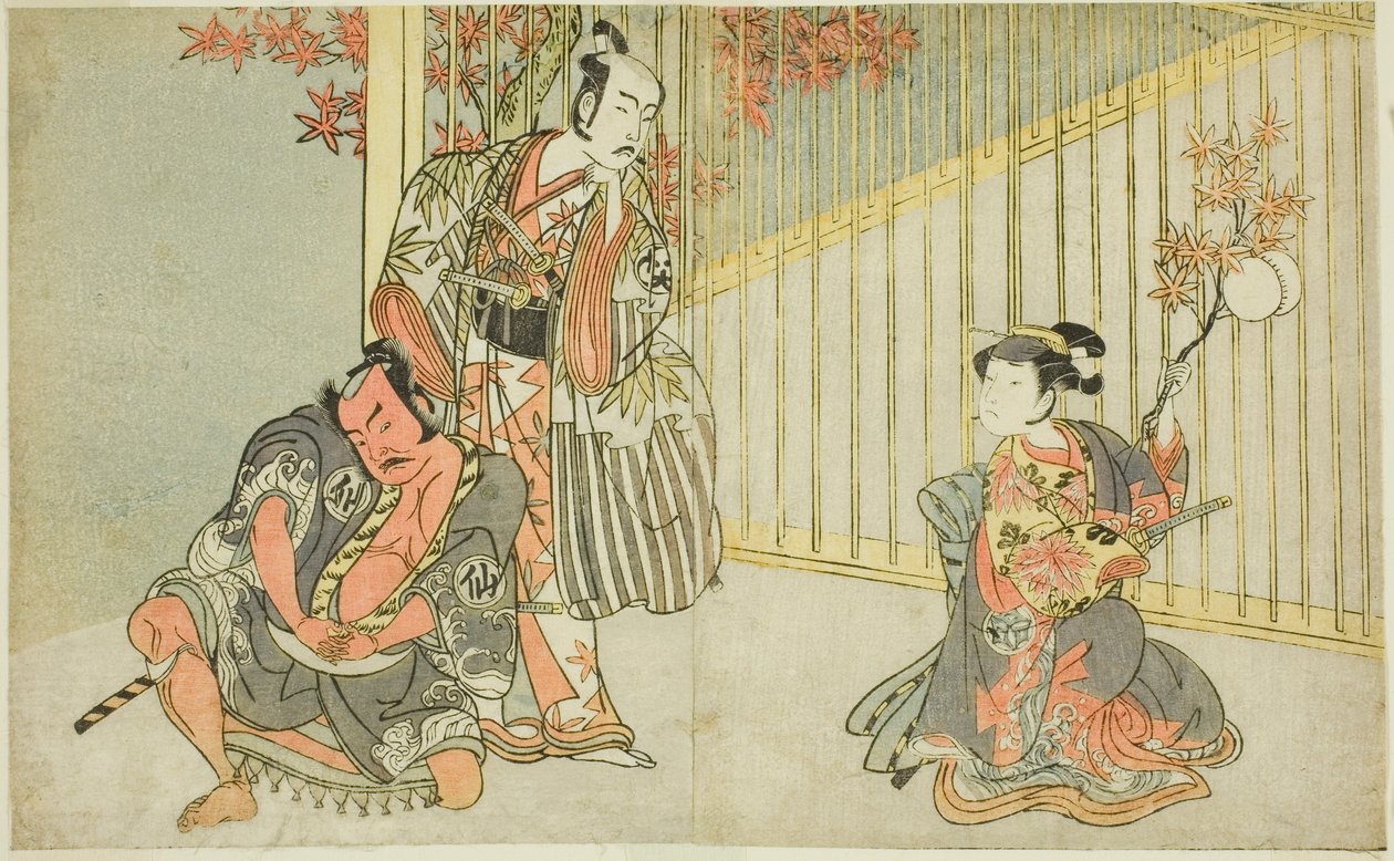Os atores Yamashita Kinsaku II como Mutsuhana (direita), Bando Mitsugoro I como Kashiwagi no Emon (centro), e Nakamura Sukegoro II como Akamatsu Mushanosuke (esquerda), na peça Fuki Kaete Tsukimo Yoshiwara (Rethatched Roof: The Moon also Shines Over) o Yos de Katsukawa Shunsho