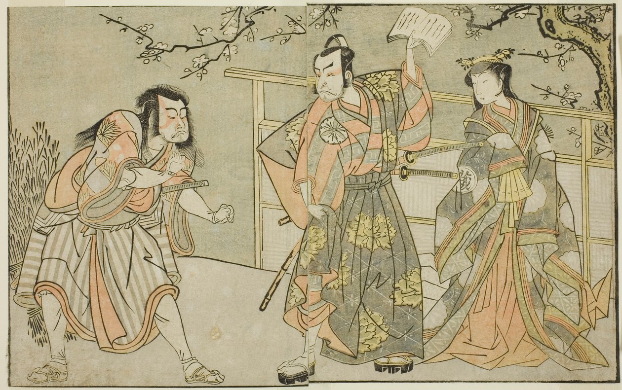 Os atores Yamashita Yaozo I como Ono no Komachi (direita), Matsumoto Koshiro II como Godai Saburo (centro), e Ichikawa Danzo III como Otomo no Kuronushi (esquerda), na peça "Kuni no Hana Ono no Itsumoji", apresentada no Teatro Nakamura no décimo primeiro m de Katsukawa Shunsho
