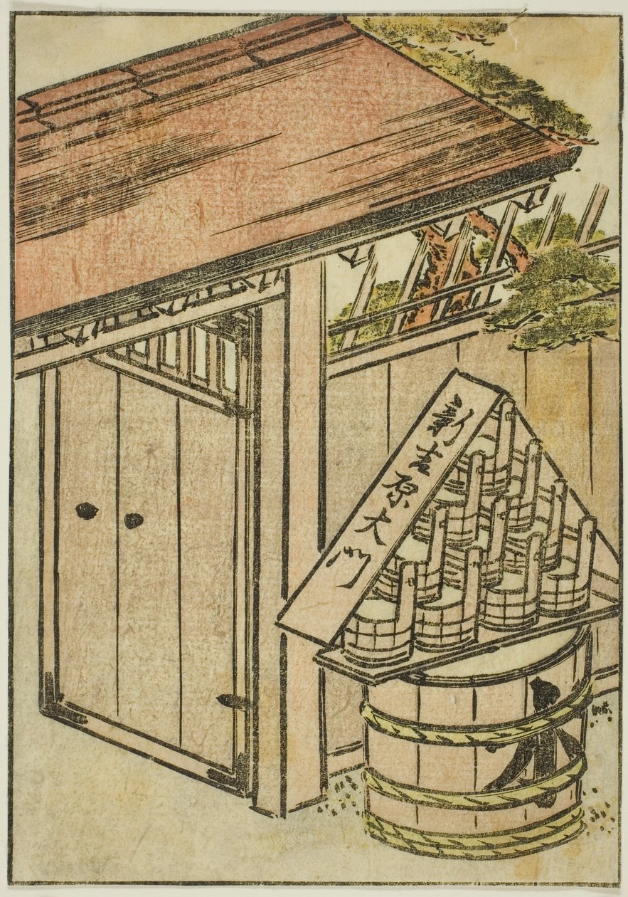 O Portão do Novo Yoshiwara, frontispício do terceiro volume de "Espelho das Mulheres Bonitas dos Bairros do Prazer (Seiro bijin awase sugata kagami)" de Katsukawa Shunsho