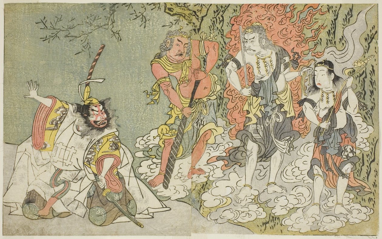 A peça Fuki Kaete Tsuki mo Yoshiwara (Telhado remodelado: a lua também brilha sobre o bairro de prazeres de Yoshiwara), representada no Teatro Morita no décimo primeiro mês, c.1771-72 (xilogravura) de Katsukawa Shunsho
